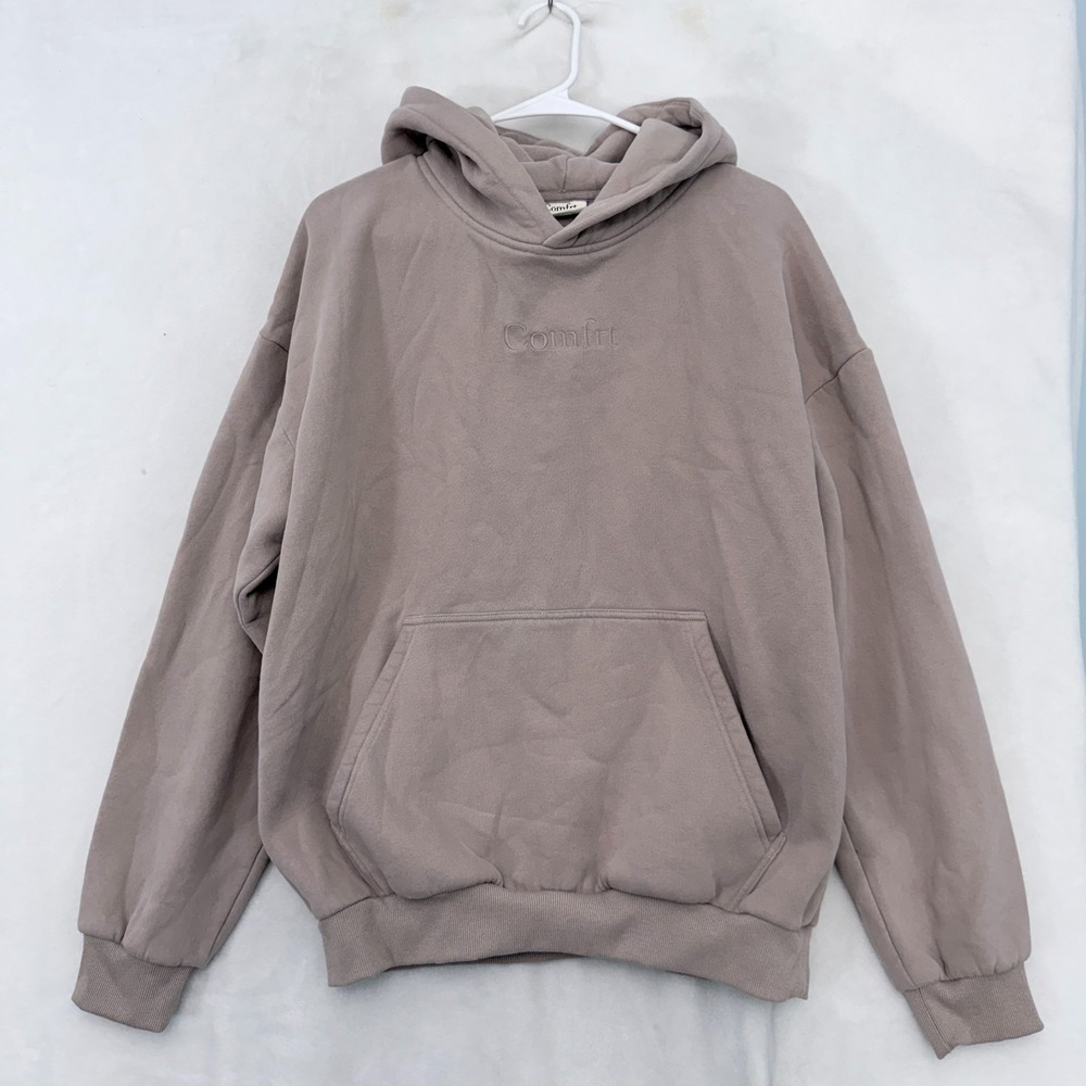 Comfrt Hoodie Mens L Beige Fleece Sweatshirt Pullover Oversized